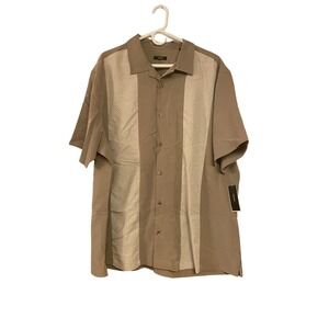 NWT- Alfani Short‎ Sleeve Button Up Shirt Men's XXL Taupe With White